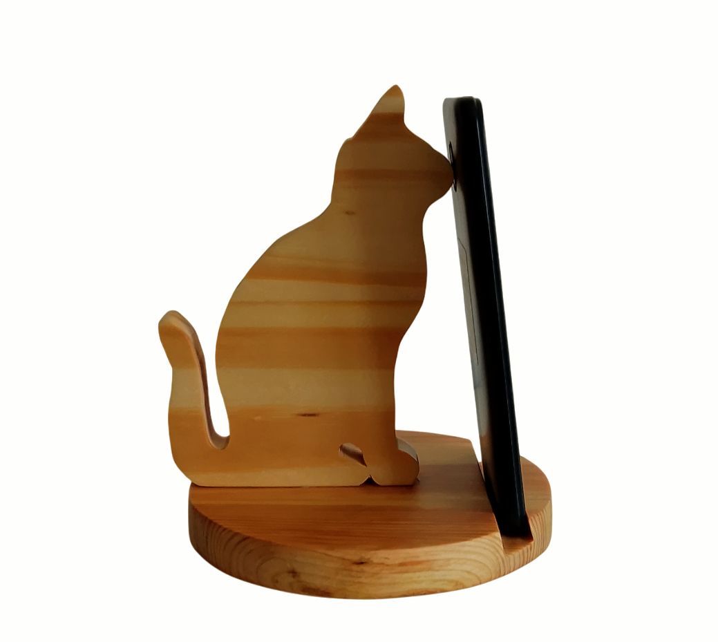 Support en bois pour téléphone modéle chat socle rond