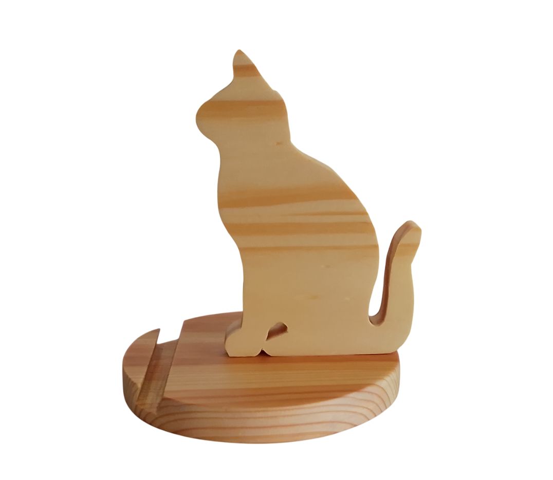 Support en bois pour téléphone modéle chat socle rond