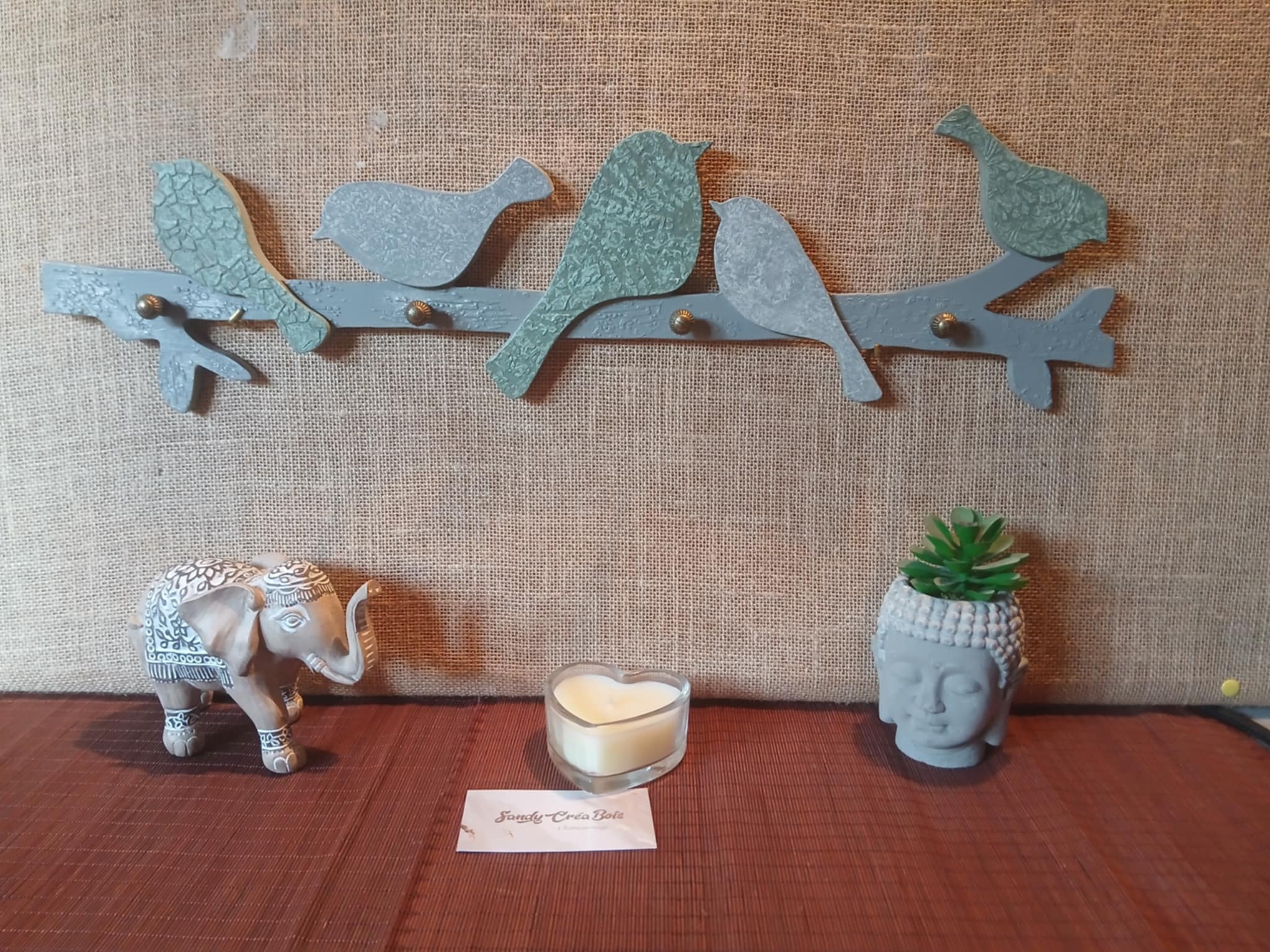 Patère murale artisanale en bois thème oiseaux