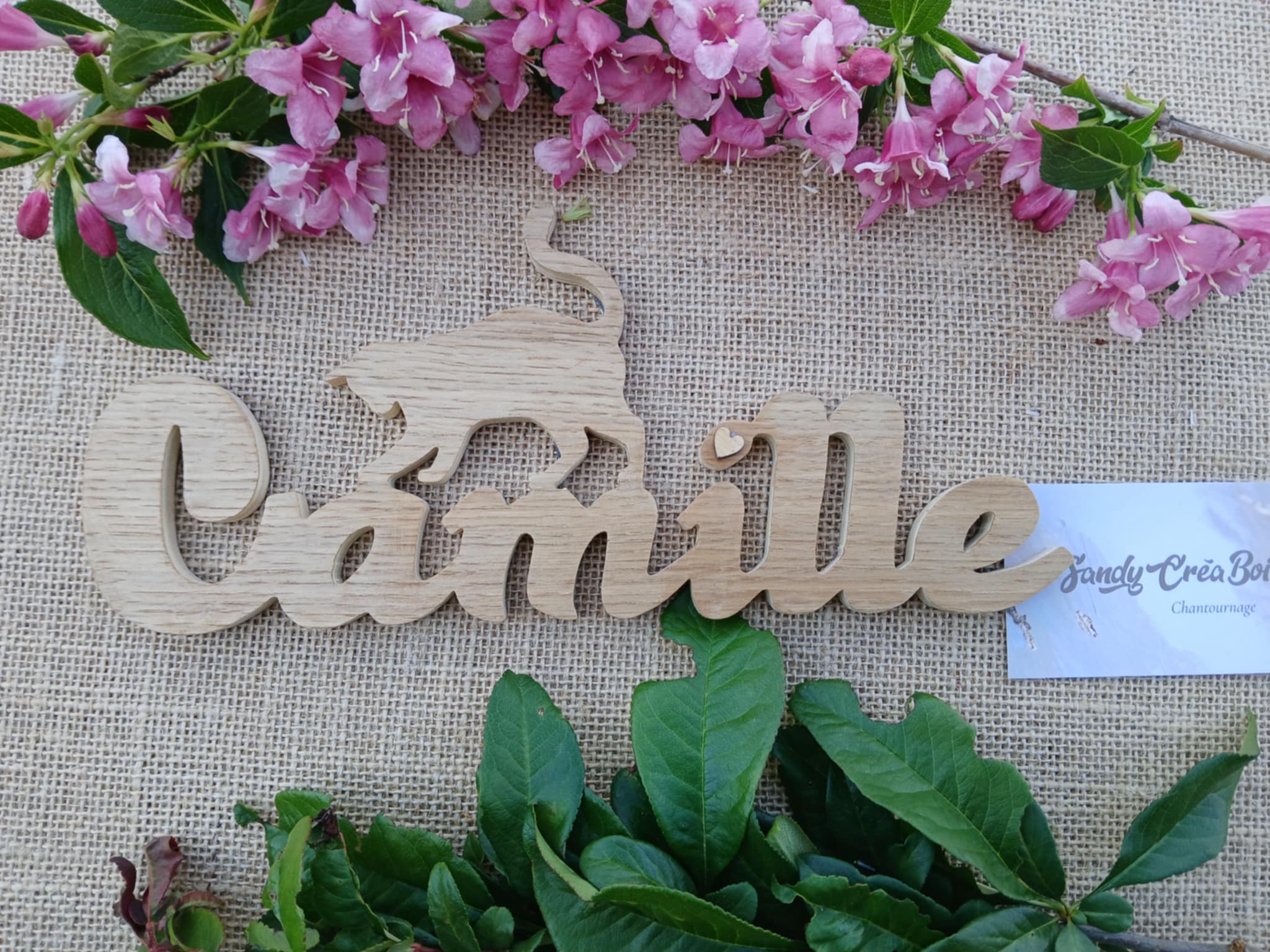 Prénom en bois personnalisé Camille thème chat