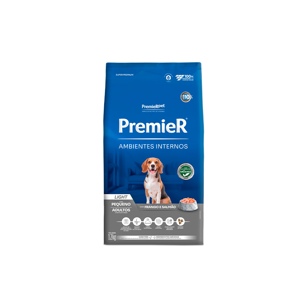Ração Premier Ambientes Internos Light para Cães Adultos Sabor Frango e Salmão
