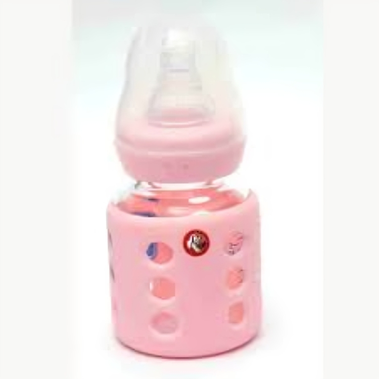 Biberón de vidrio con funda rosa