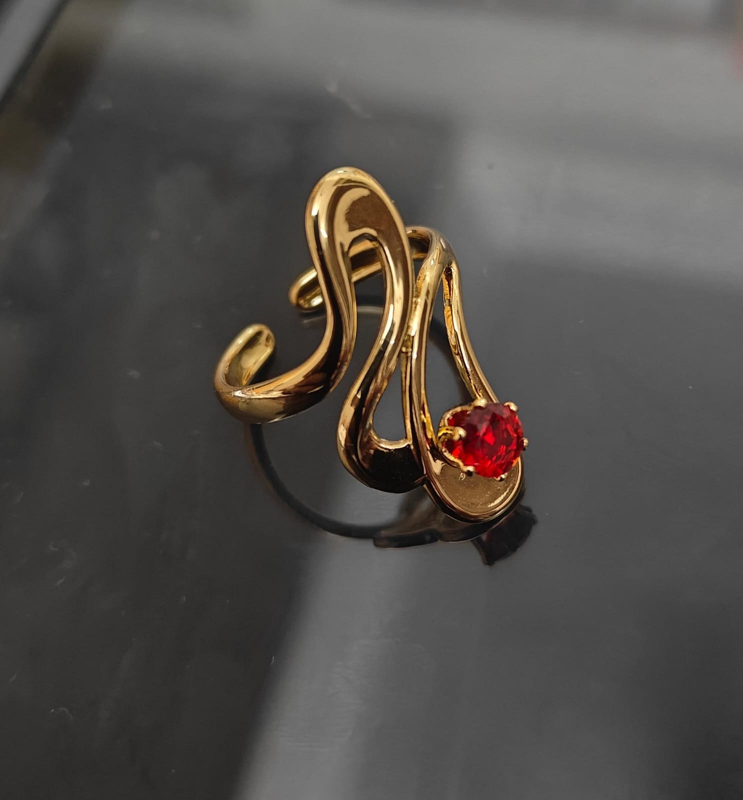 Elegant Gold-Plated Ring with Red Gemstone