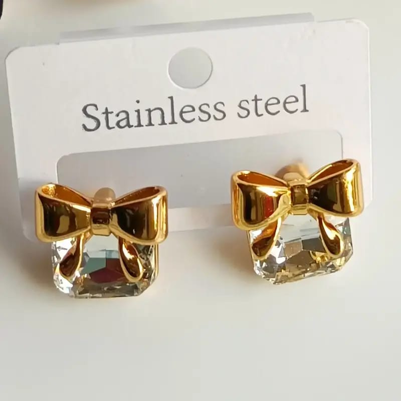 Gold Bow Crystal Stud Earrings