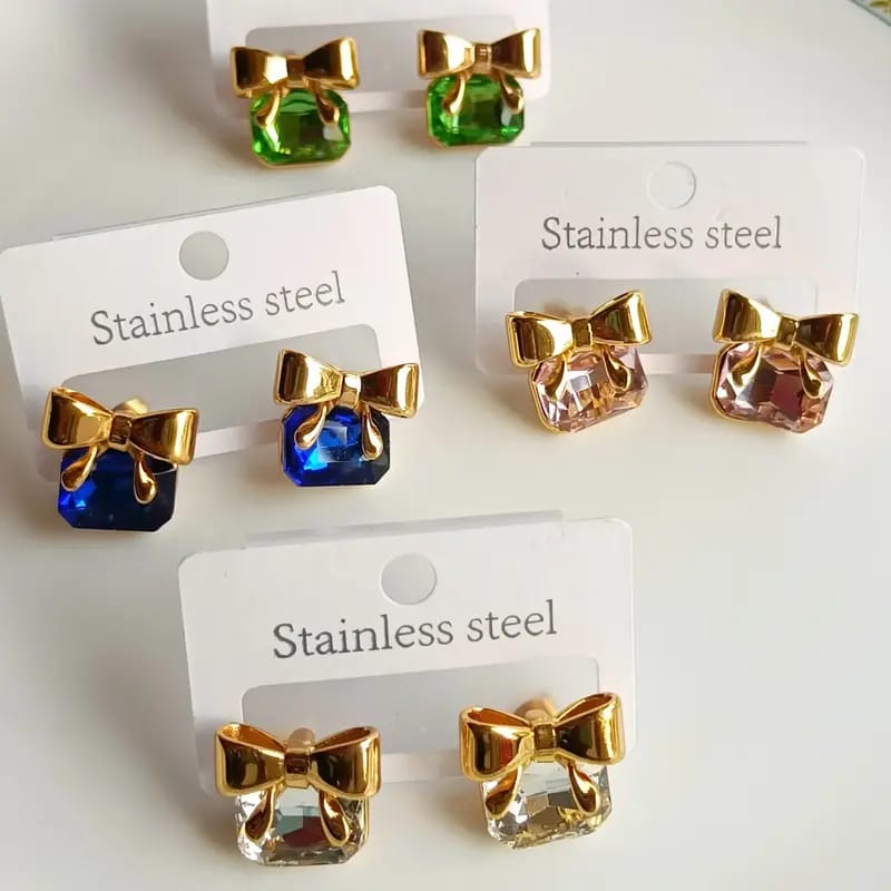 Gold Bow Crystal Stud Earrings