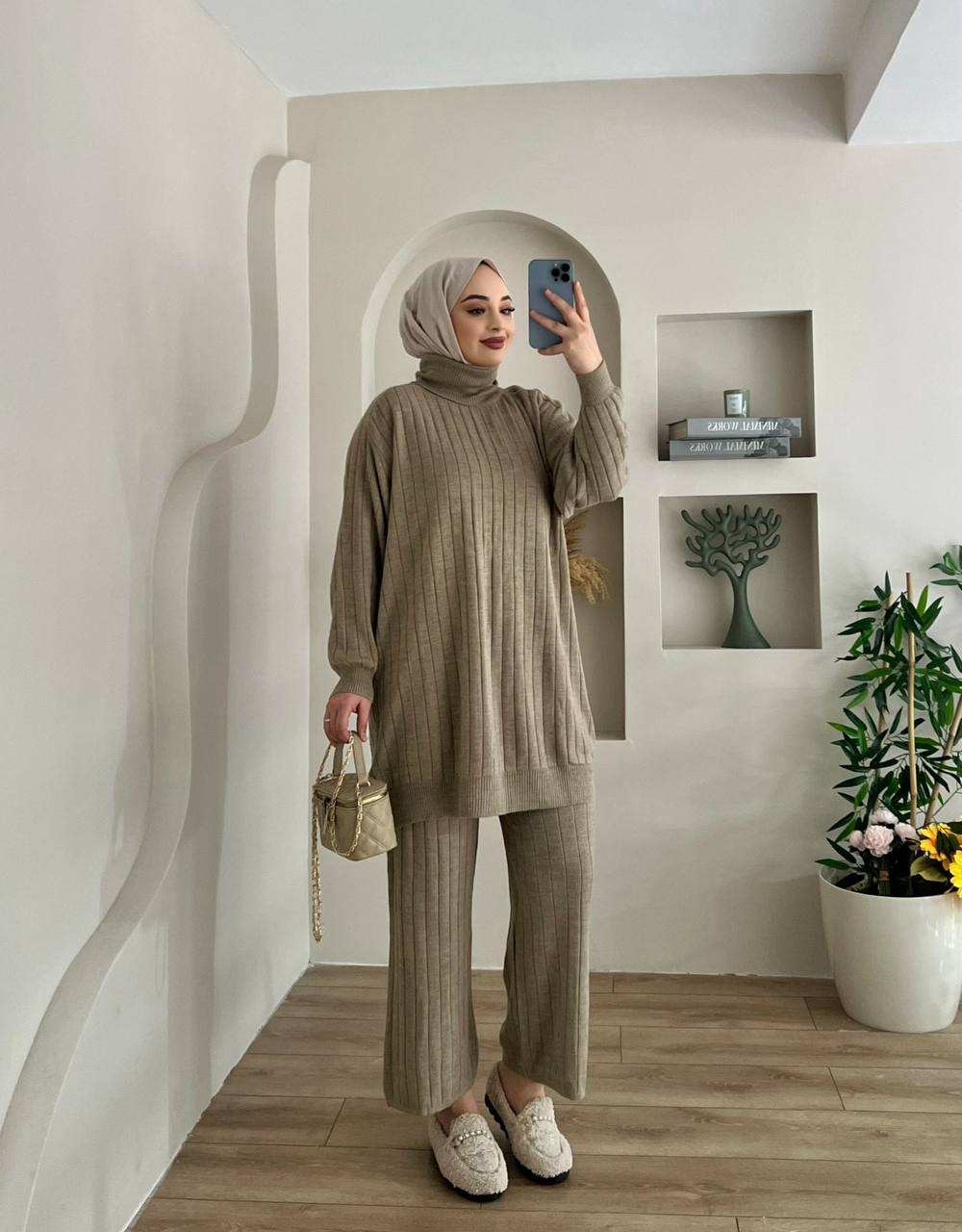 Beige Ribbed Knit Co-ord Set