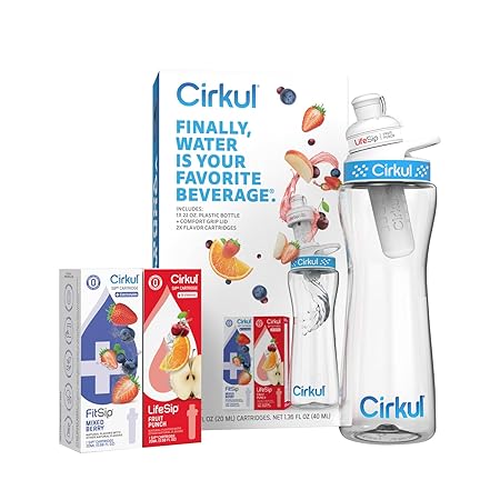 Cirkul 12oz. BPA-Free Plastic Water Bottle Starter Kit for Kids with Blue Lid, 2 Flavor Cartridges (1 LifeSip Fruit Punch, 1 FitSip Mixed Berry)