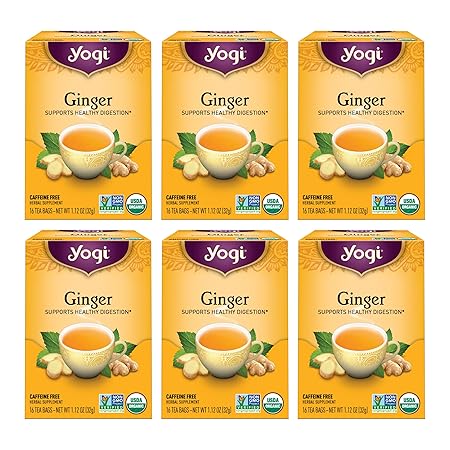 Yogi Tea - Ginger Tea (6 Pack) - Supports Healthy Digestion - Soothing and Spicy Blend - Caffeine Free - 96 Organic Herbal Tea Bags