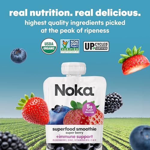 Noka Organic Superfood Fruit Smoothie Pouches, Super Berry with Immune Support, Healthy Snacks with Elderberry, Vitamin C, Flax Seed and Plant Protein, Gluten Free, Vegan, 4.22 oz (12 Pack)