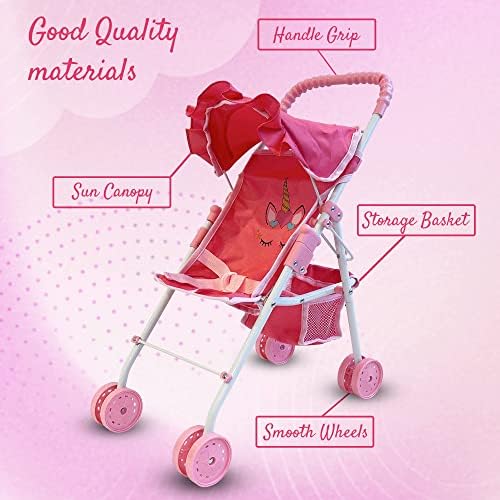The New York Doll Collection My First Doll Stroller with Basket, Foldable Doll Stroller (Pink Quilted)