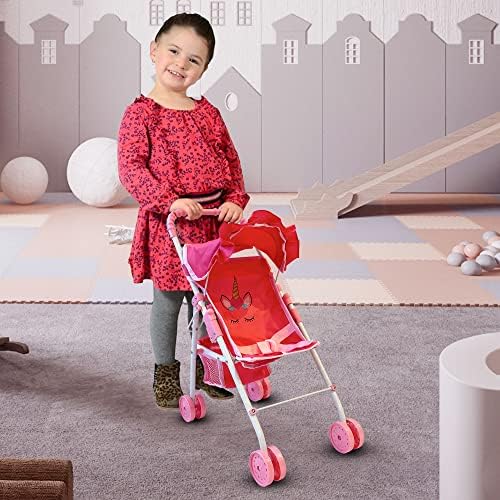 The New York Doll Collection My First Doll Stroller with Basket, Foldable Doll Stroller (Pink Quilted)