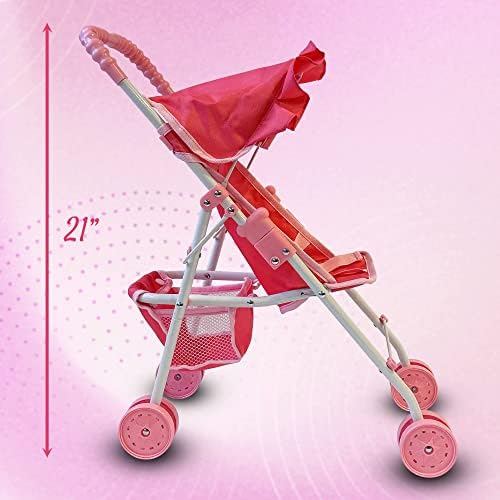 The New York Doll Collection My First Doll Stroller with Basket, Foldable Doll Stroller (Pink Quilted)