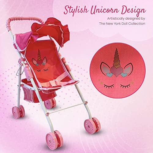 The New York Doll Collection My First Doll Stroller with Basket, Foldable Doll Stroller (Pink Quilted)