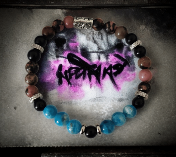 Bracelet Jinx Apatite bleue, Rhodonite & Obsidienne noire
