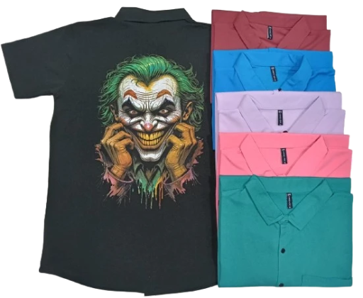 Set of Graphic and Plain Collared Shirts with Joker print