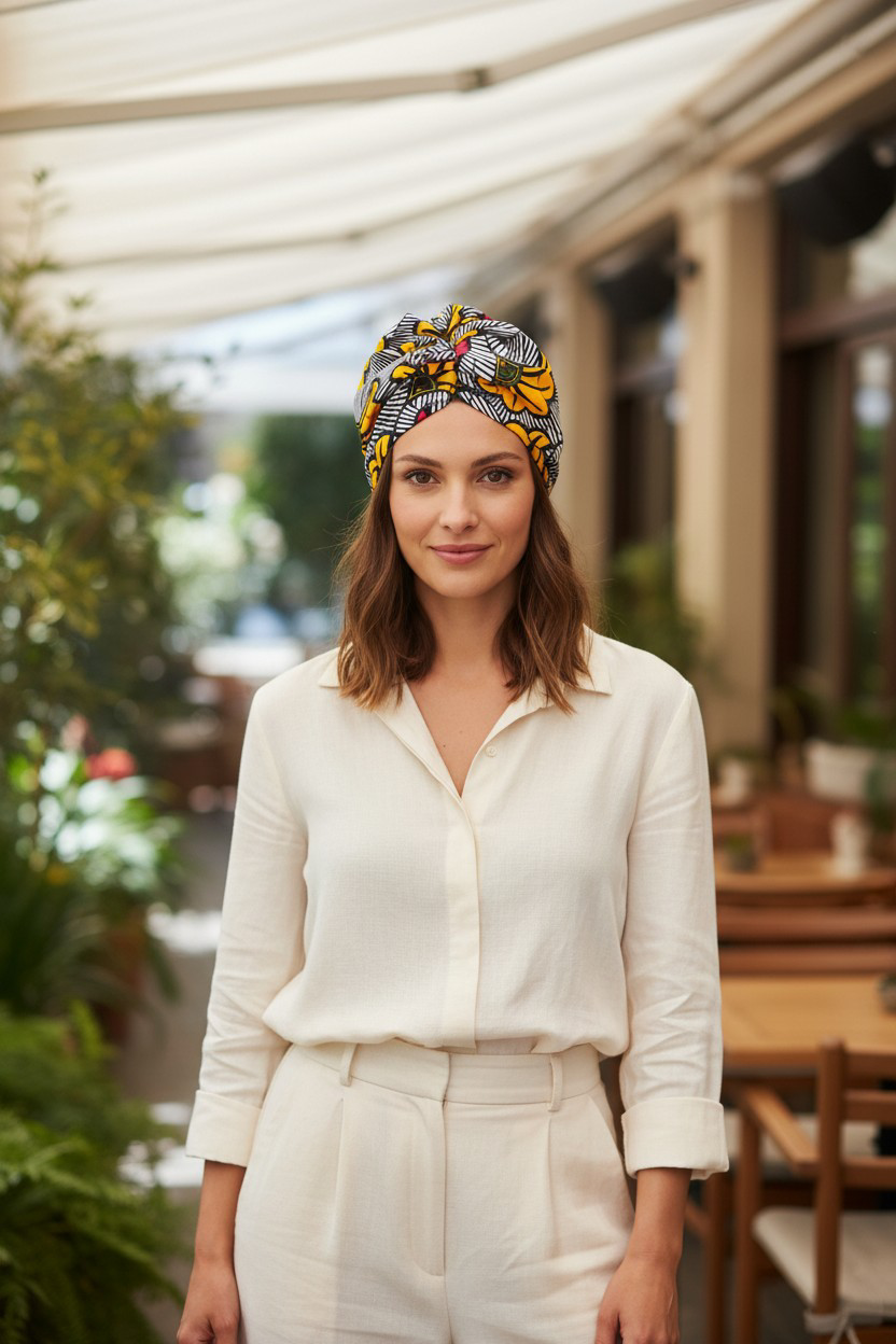 Bonnet turban Fleurs de mariage - Jaune & Rouge