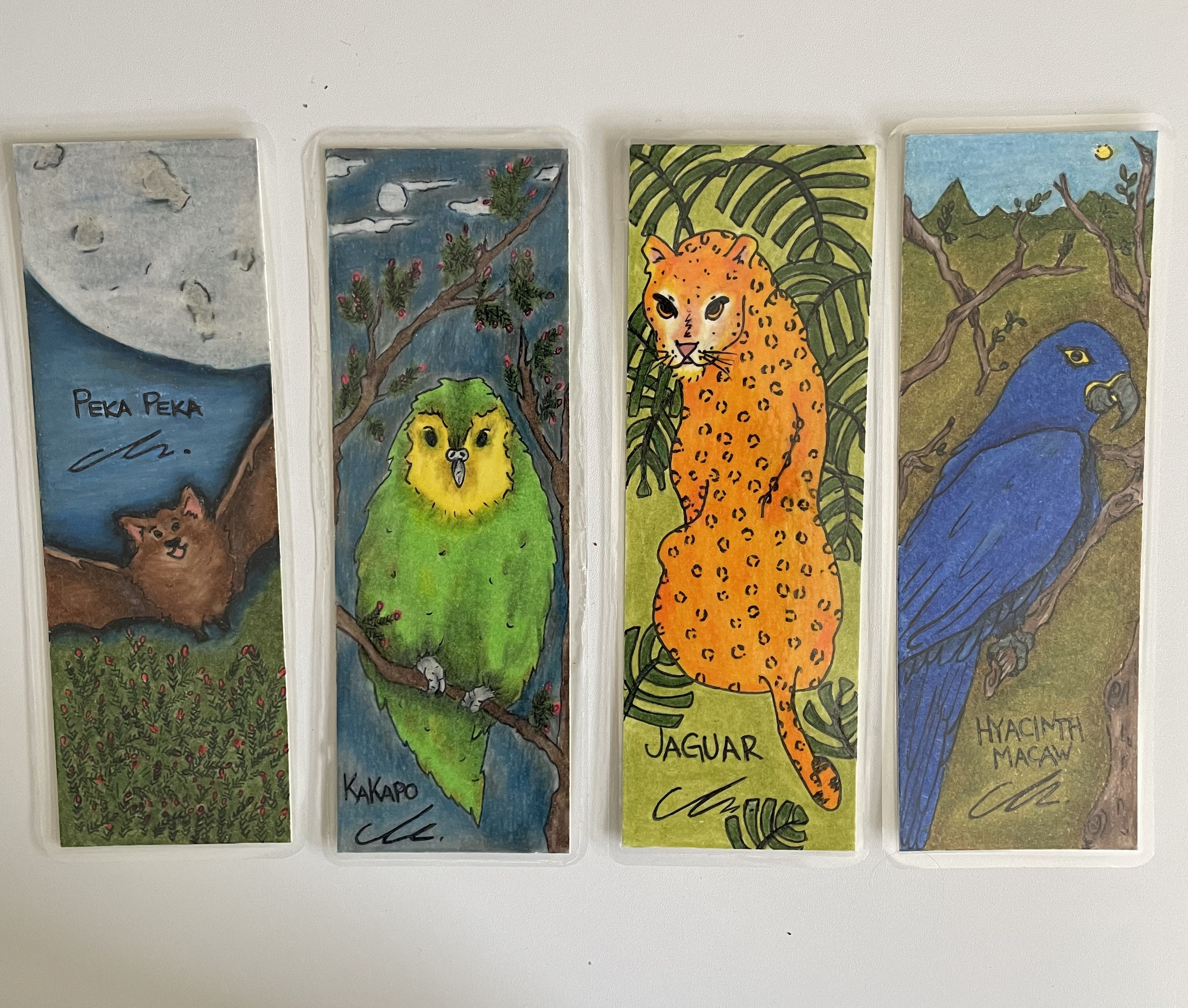 Hand-Drawn Laminated Bookmarks-Kakapo, New Zealand Short-tailed Bat, Hyacinth Macaw & Jaguar