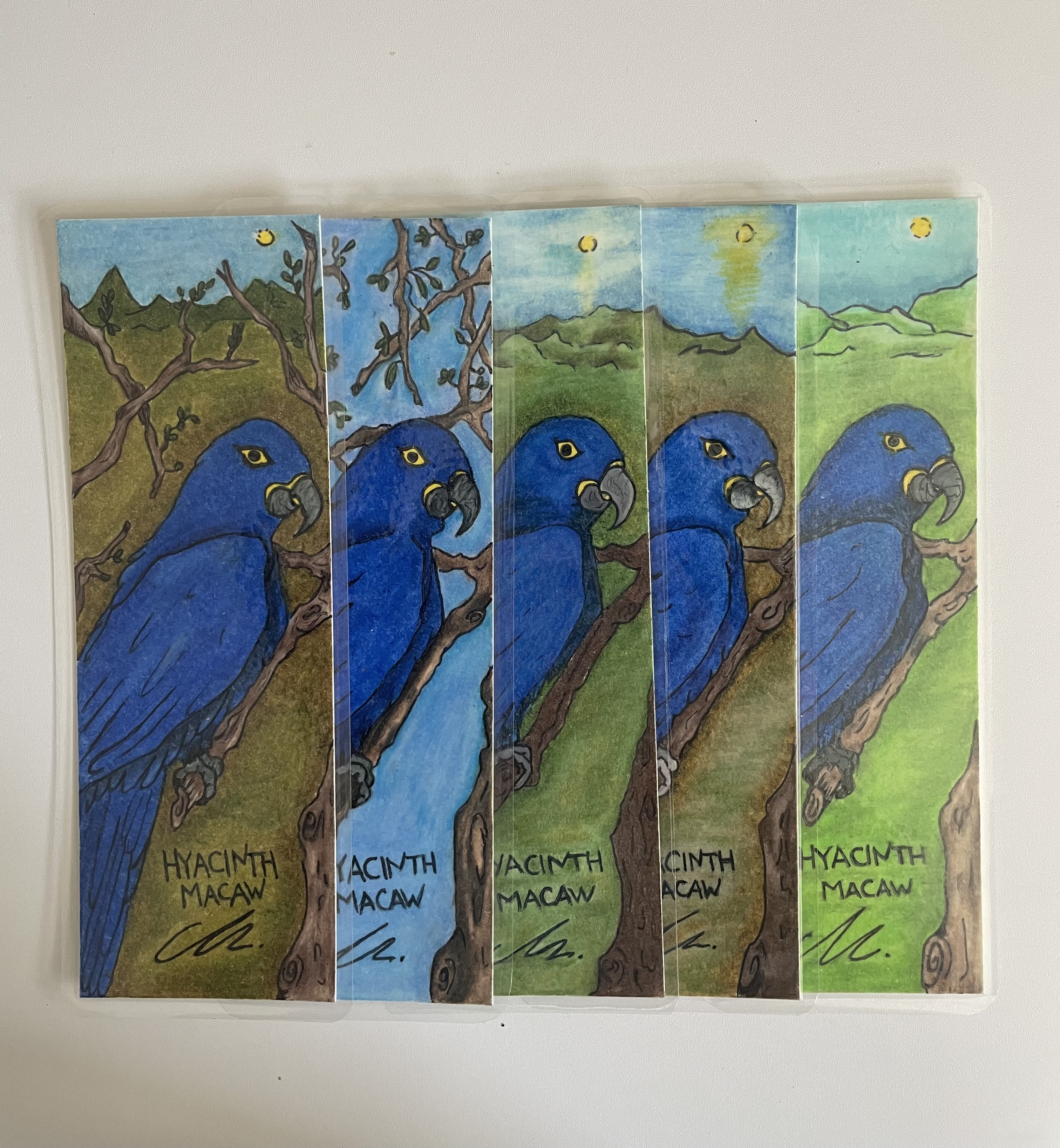 Hand-Drawn Laminated Bookmarks-Kakapo, New Zealand Short-tailed Bat, Hyacinth Macaw & Jaguar