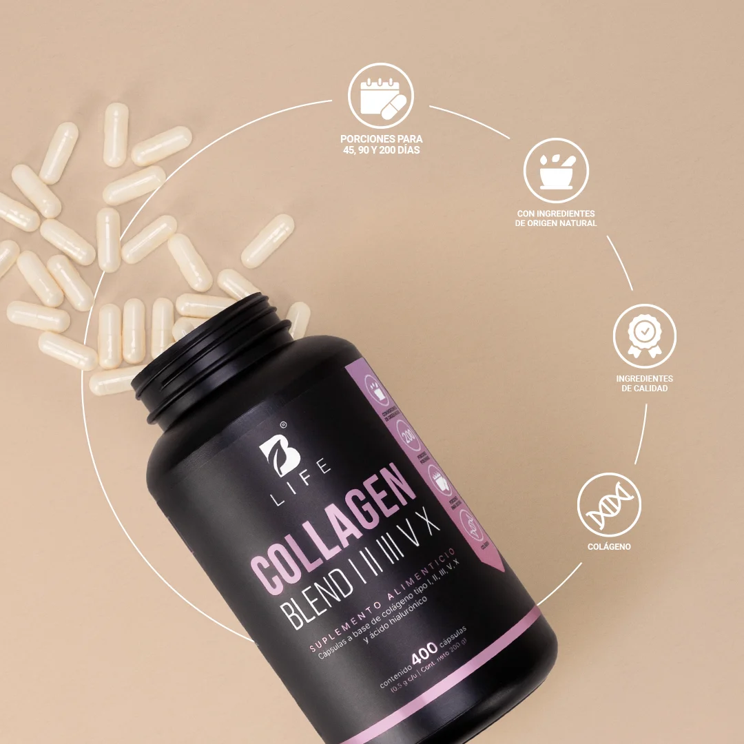 Collagen Blend I, II, III, V, X B Life® – Colágeno total con Vitamina C y Ácido Hialurónico
