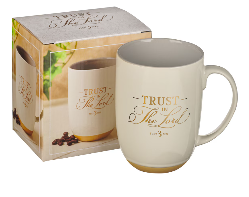 Trust in the Lord white Ceramic Coffee Mug with Exposed Clay Base - Proverbs 3:5