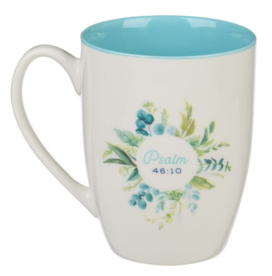 Be Still and Know Teal Floral Ceramic Coffee Mug - Psalm 46:10