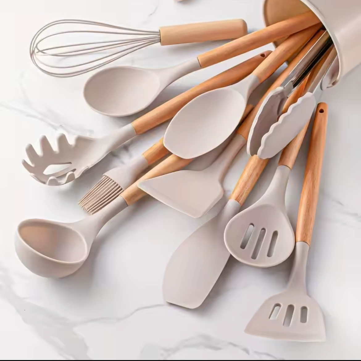 🍽️ 12-Piece Silicone Kitchen Utensils Set – Modern Wood-Handle Collection