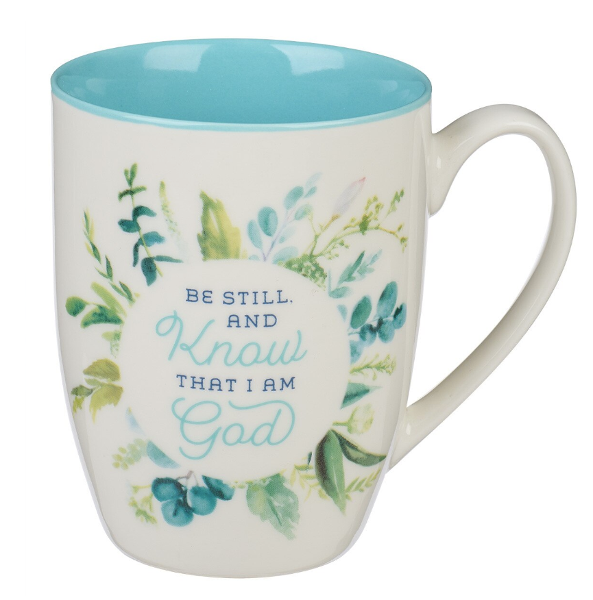 Be Still and Know Teal Floral Ceramic Coffee Mug - Psalm 46:10