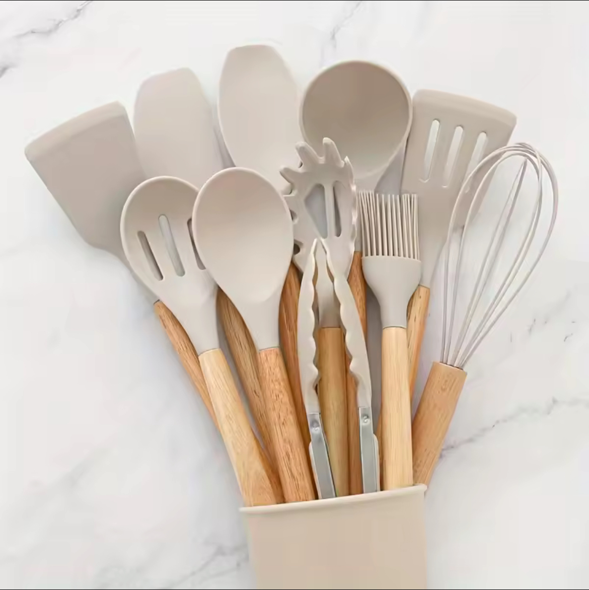 🍽️ 12-Piece Silicone Kitchen Utensils Set – Modern Wood-Handle Collection