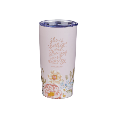 Strength and Dignity Pink Floral Stainless Steel Travel Tumbler