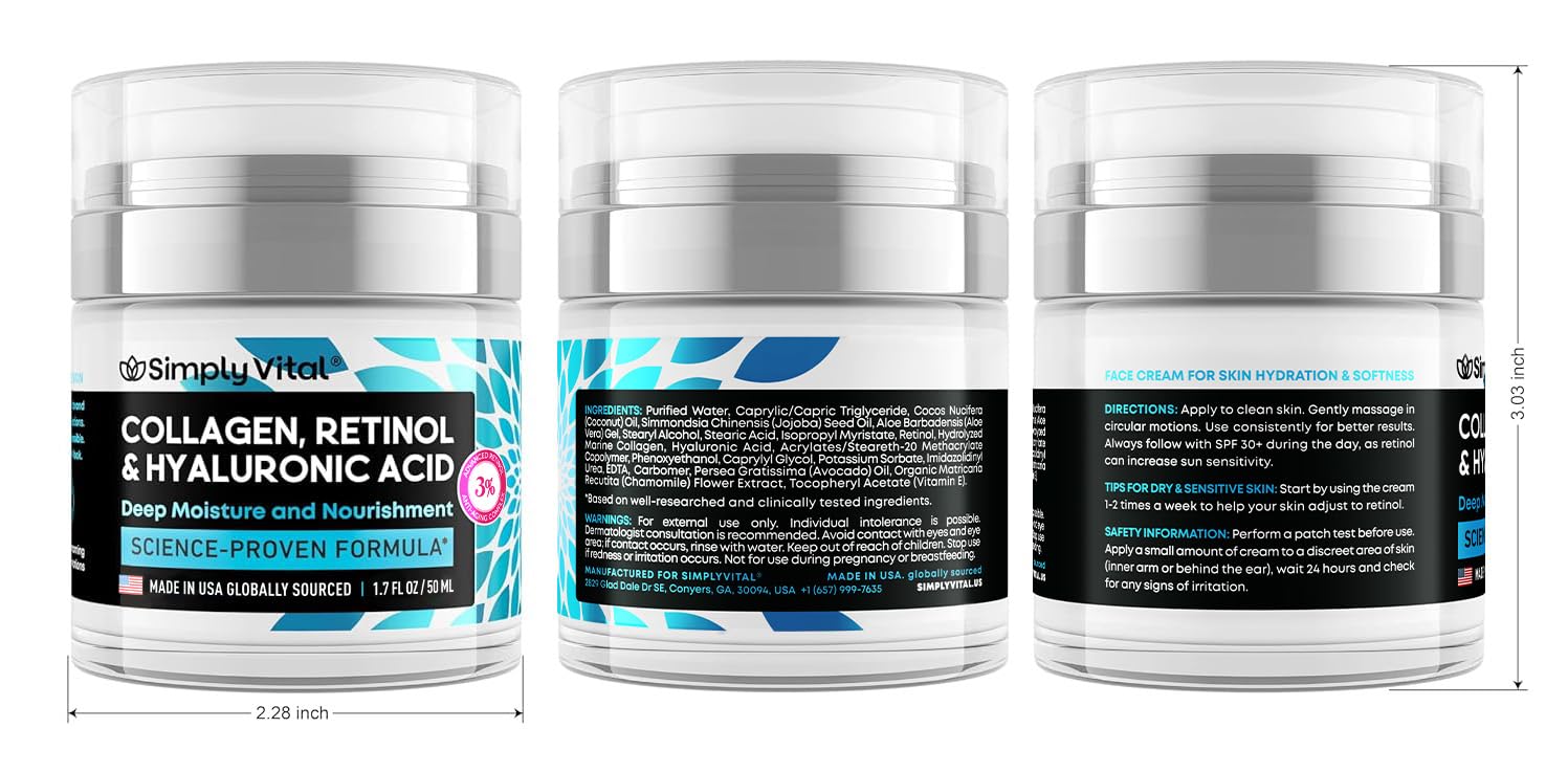SimplyVital Collagen, Retinol & Hyaluronic Acid Cream - Anti-Aging Face Moisturizer, 1.7oz
