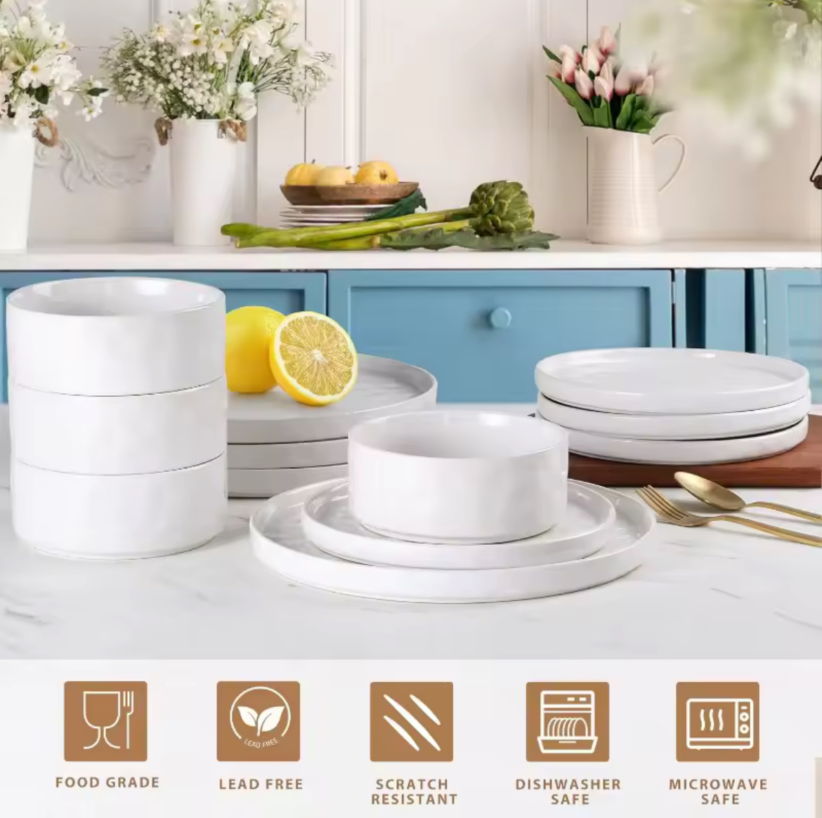 🍽️ White Stoneware Dinnerware Set – Modern Minimalist Collection