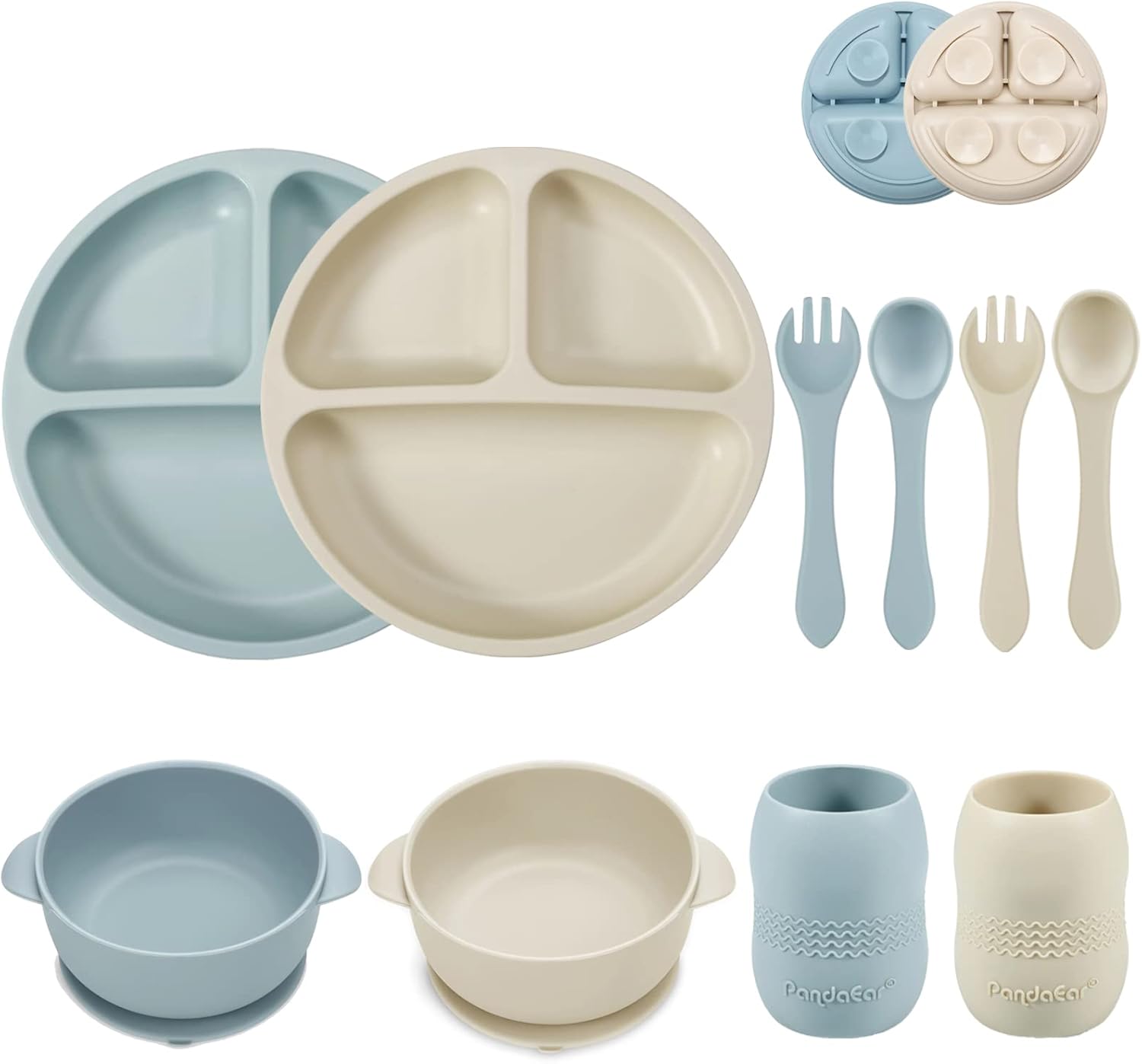 PandaEar Silicone Baby Feeding Set| 2 Divided Suction Plate + 2 Suction Bowl + 2 Tiny Cup with 2 Spoons|