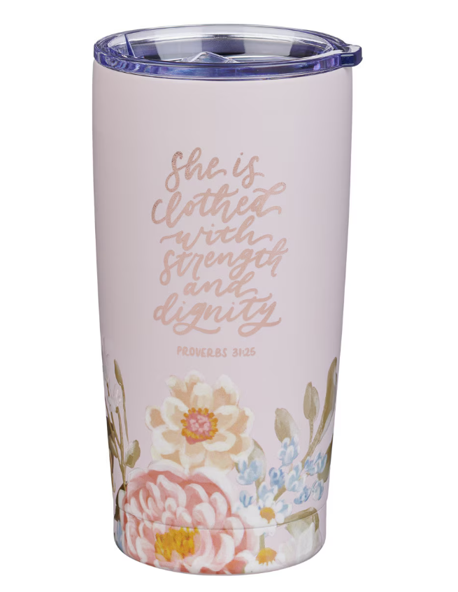 Strength and Dignity Pink Floral Stainless Steel Travel Tumbler