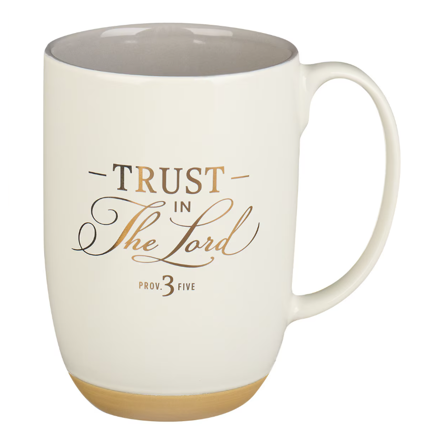Trust in the Lord white Ceramic Coffee Mug with Exposed Clay Base - Proverbs 3:5