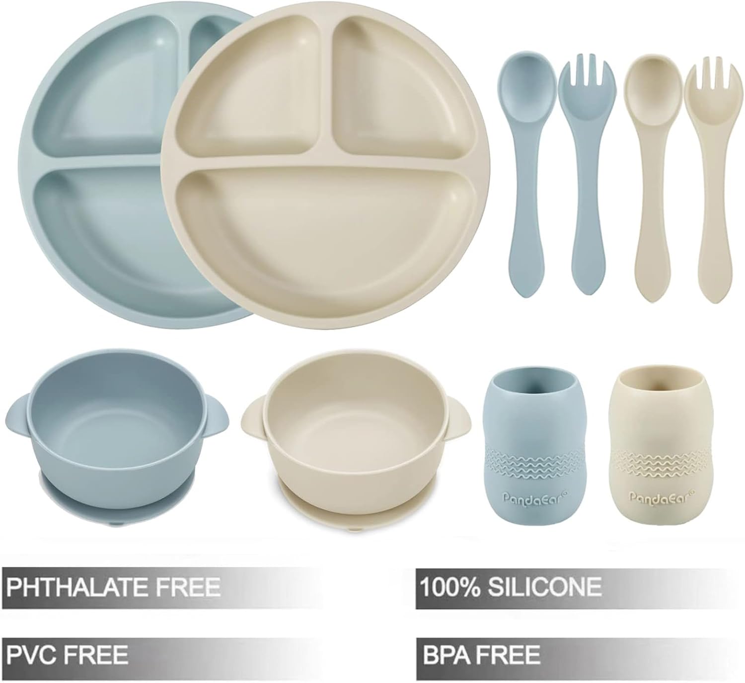 PandaEar Silicone Baby Feeding Set| 2 Divided Suction Plate + 2 Suction Bowl + 2 Tiny Cup with 2 Spoons|