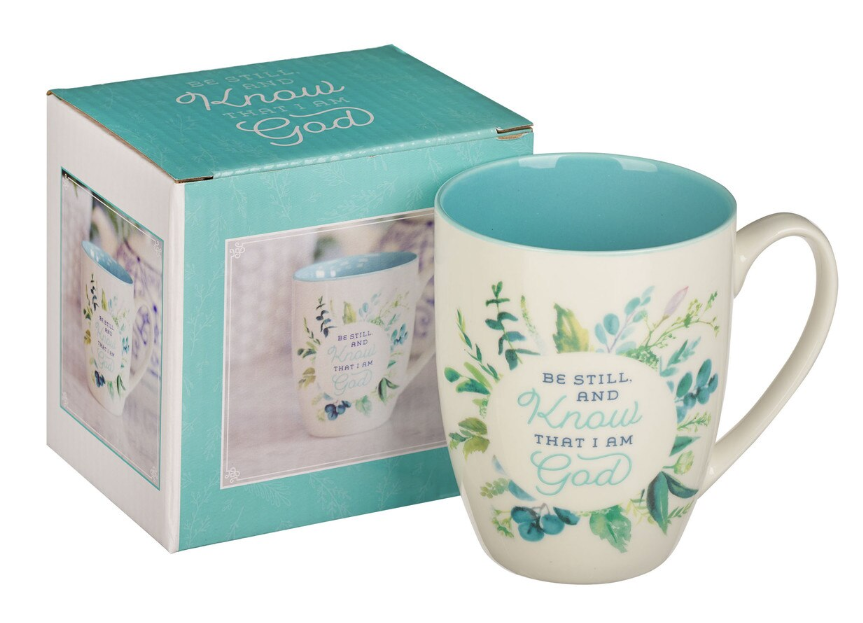 Be Still and Know Teal Floral Ceramic Coffee Mug - Psalm 46:10