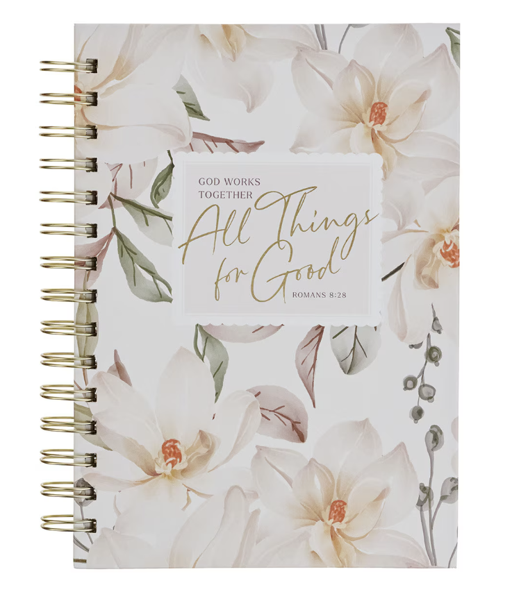 All Things for Good White Magnolia Spiral Journal - Romans 8:28