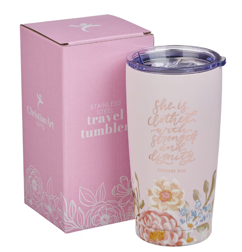 Strength and Dignity Pink Floral Stainless Steel Travel Tumbler