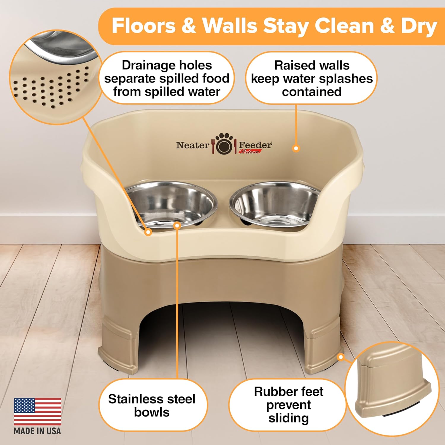 Stainless Steel Elevated Dog Food and Water Bowl Set – Cappuccino (Made in USA)