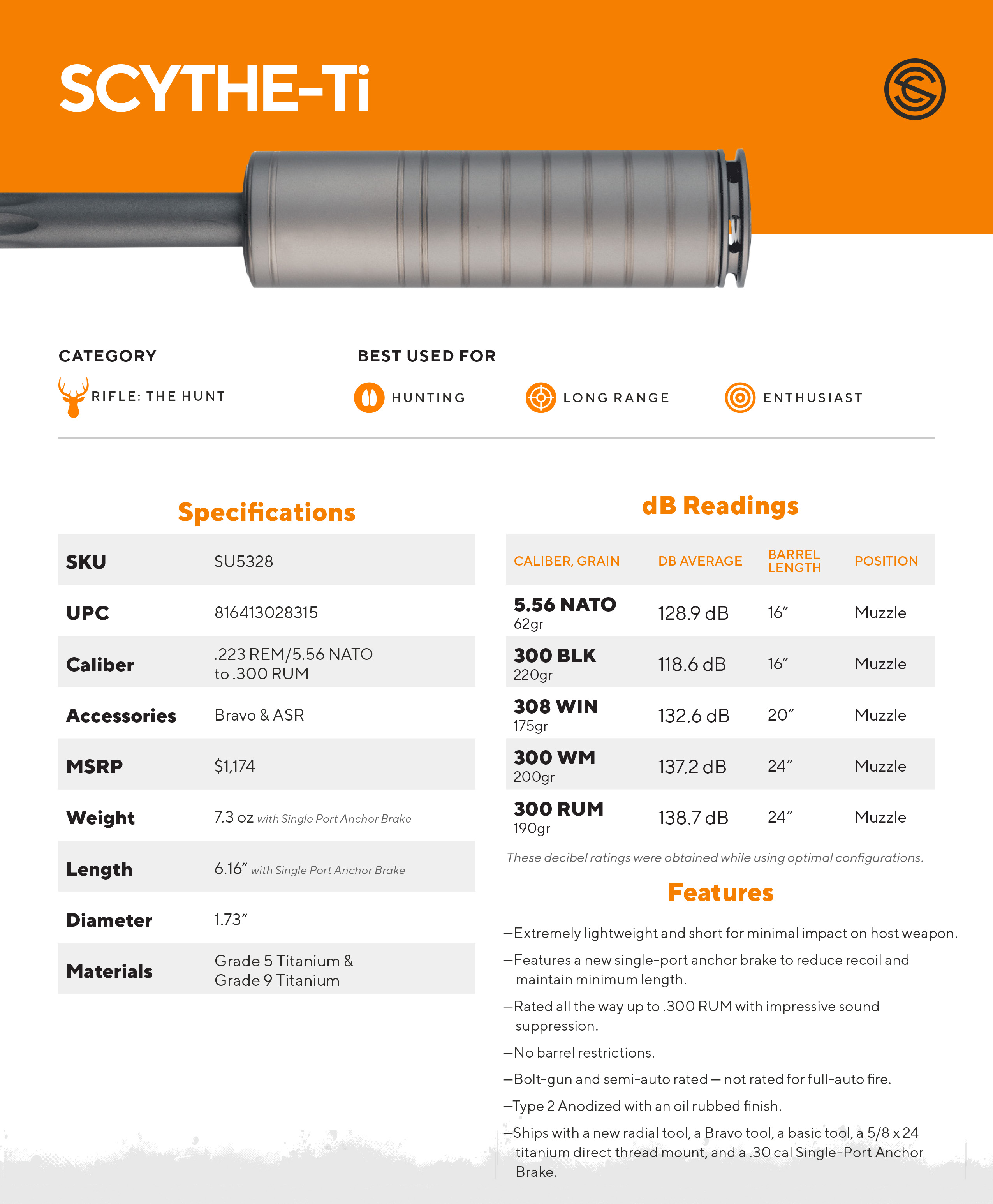 SilencerCo SU5328 Scythe-Ti 30 Cal (7.62mm)