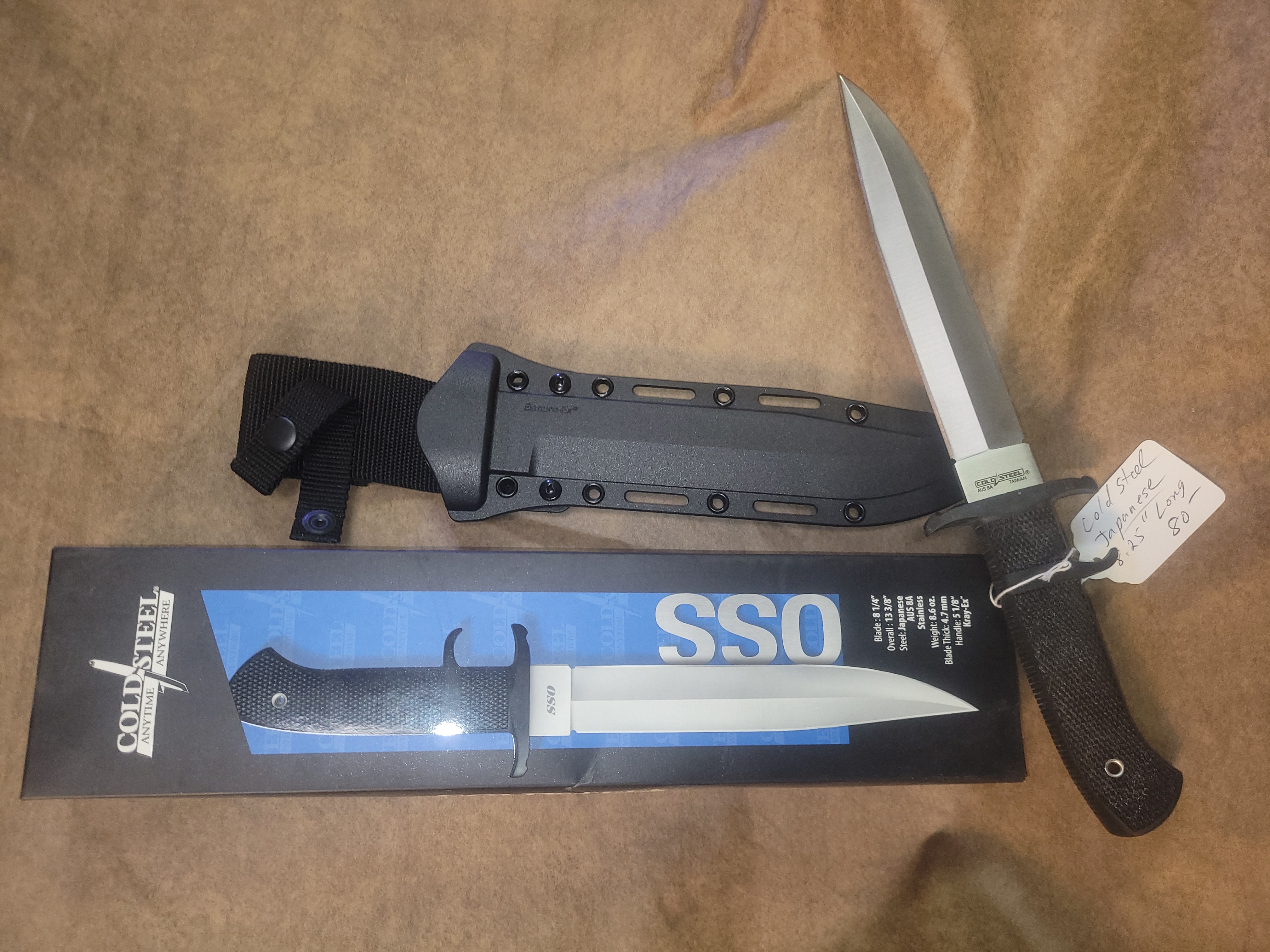 Cold Steel OSS 8.25" Fixed Plain AUS-8A SS Blade/Black Textured Kray-Ex Handle Includes Sheath