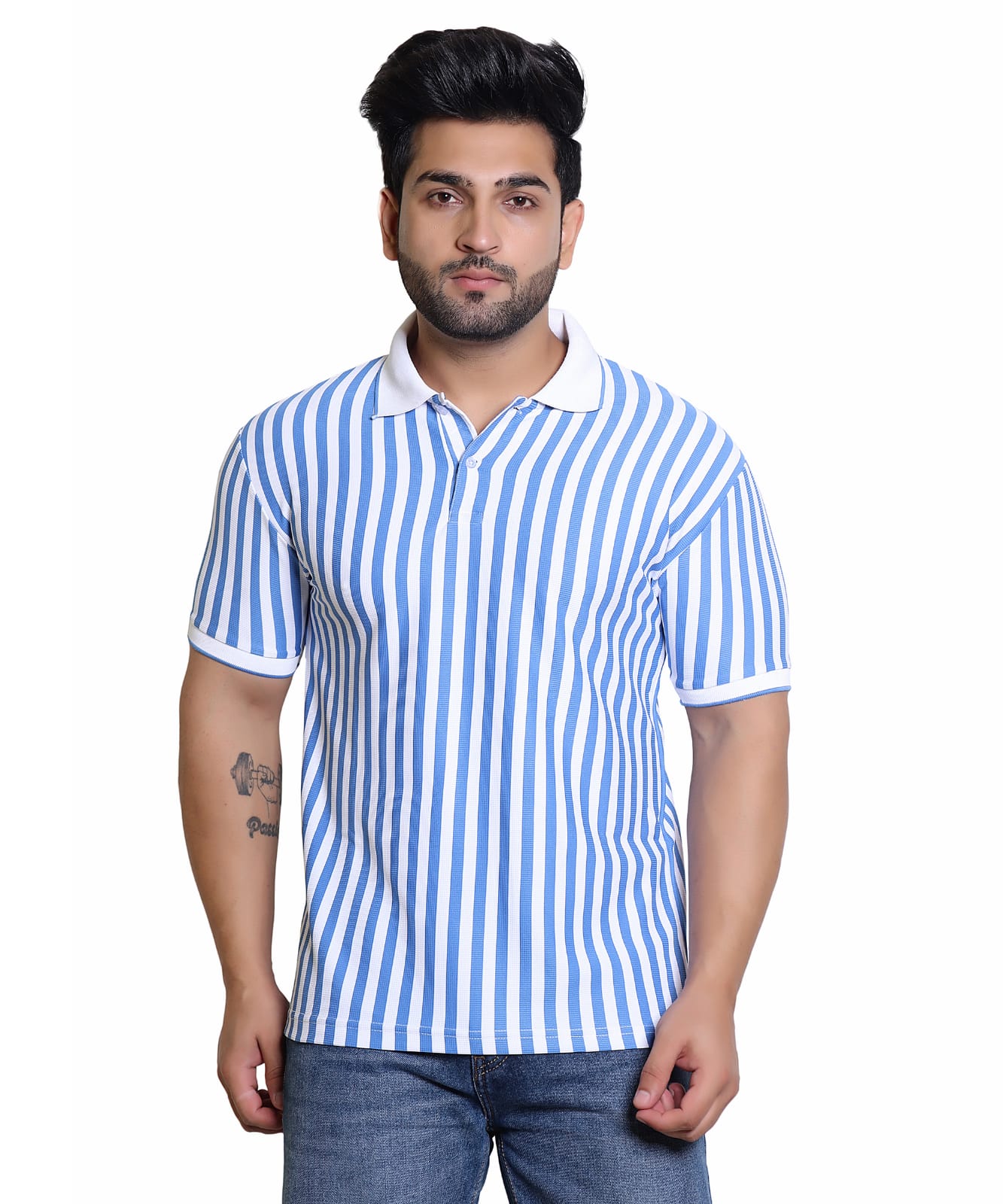 Men's Blue and White Striped Polo Shirt