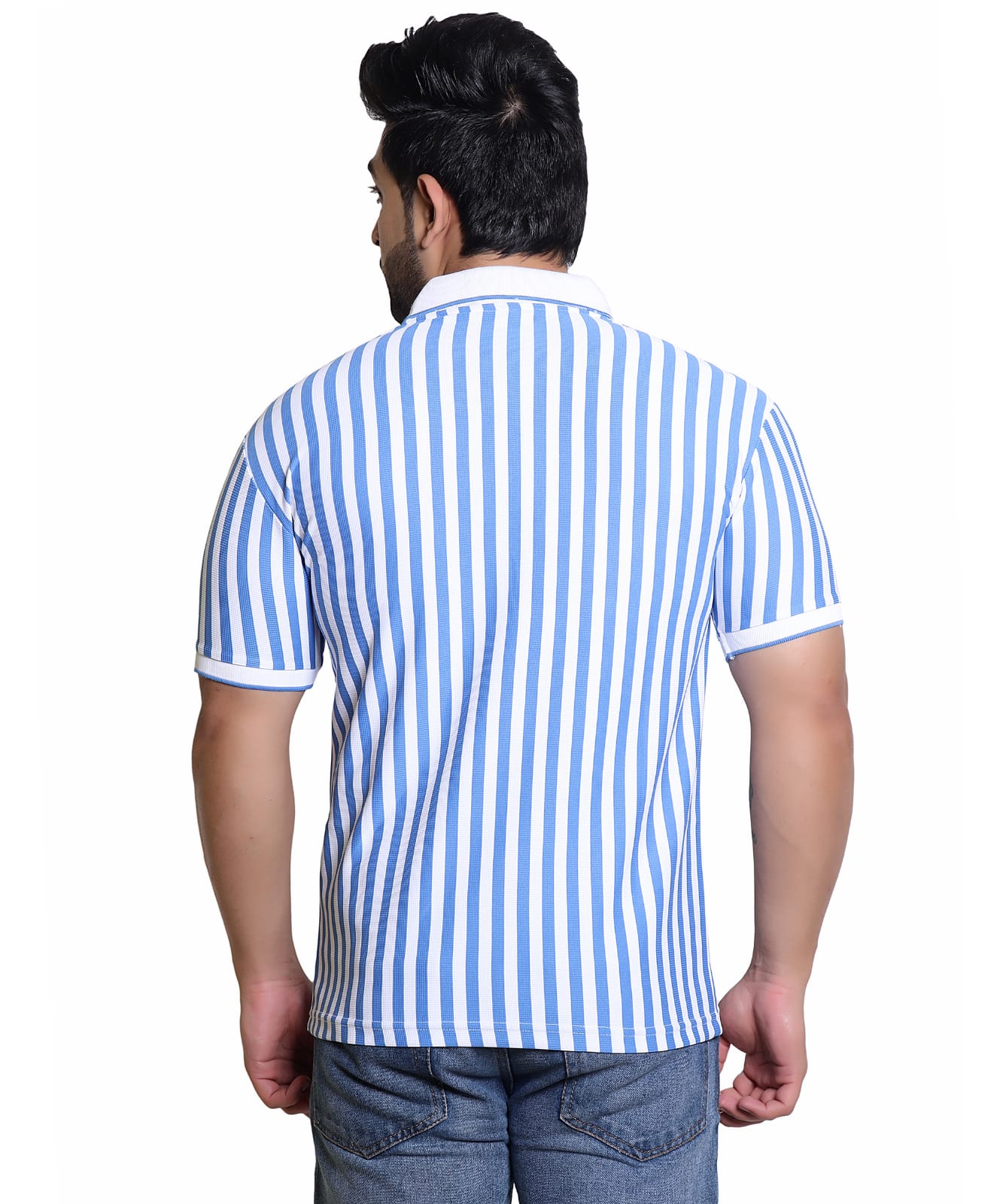 Men's Blue and White Striped Polo Shirt