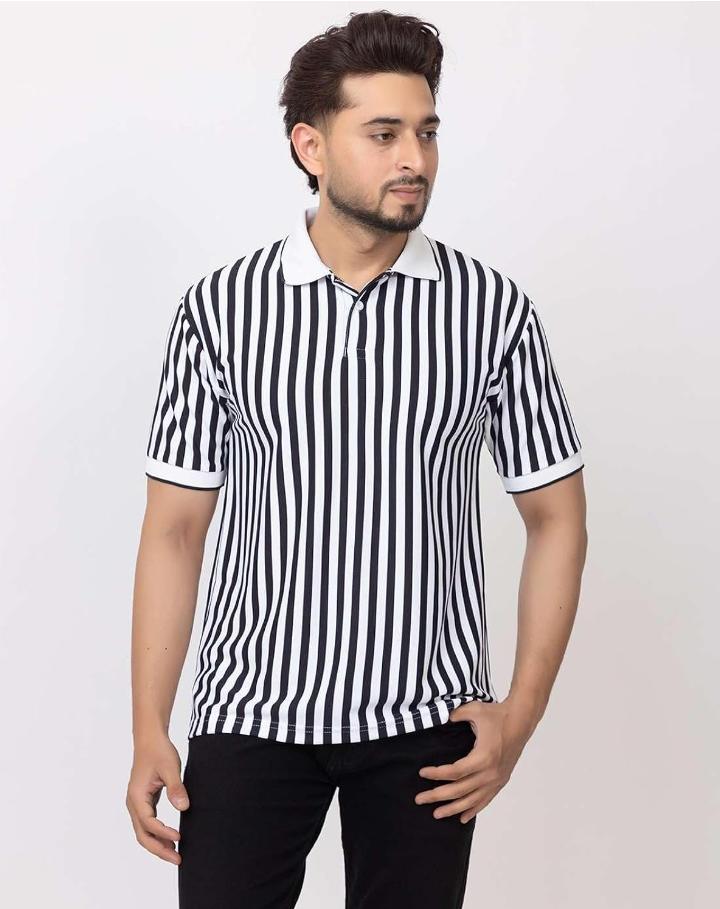 Black and White Striped Polo Shirt