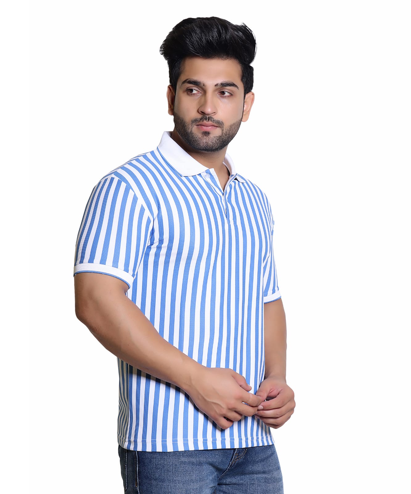 Men's Blue and White Striped Polo Shirt