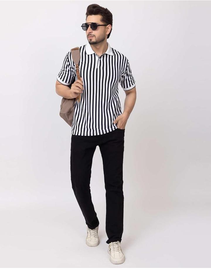Black and White Striped Polo Shirt