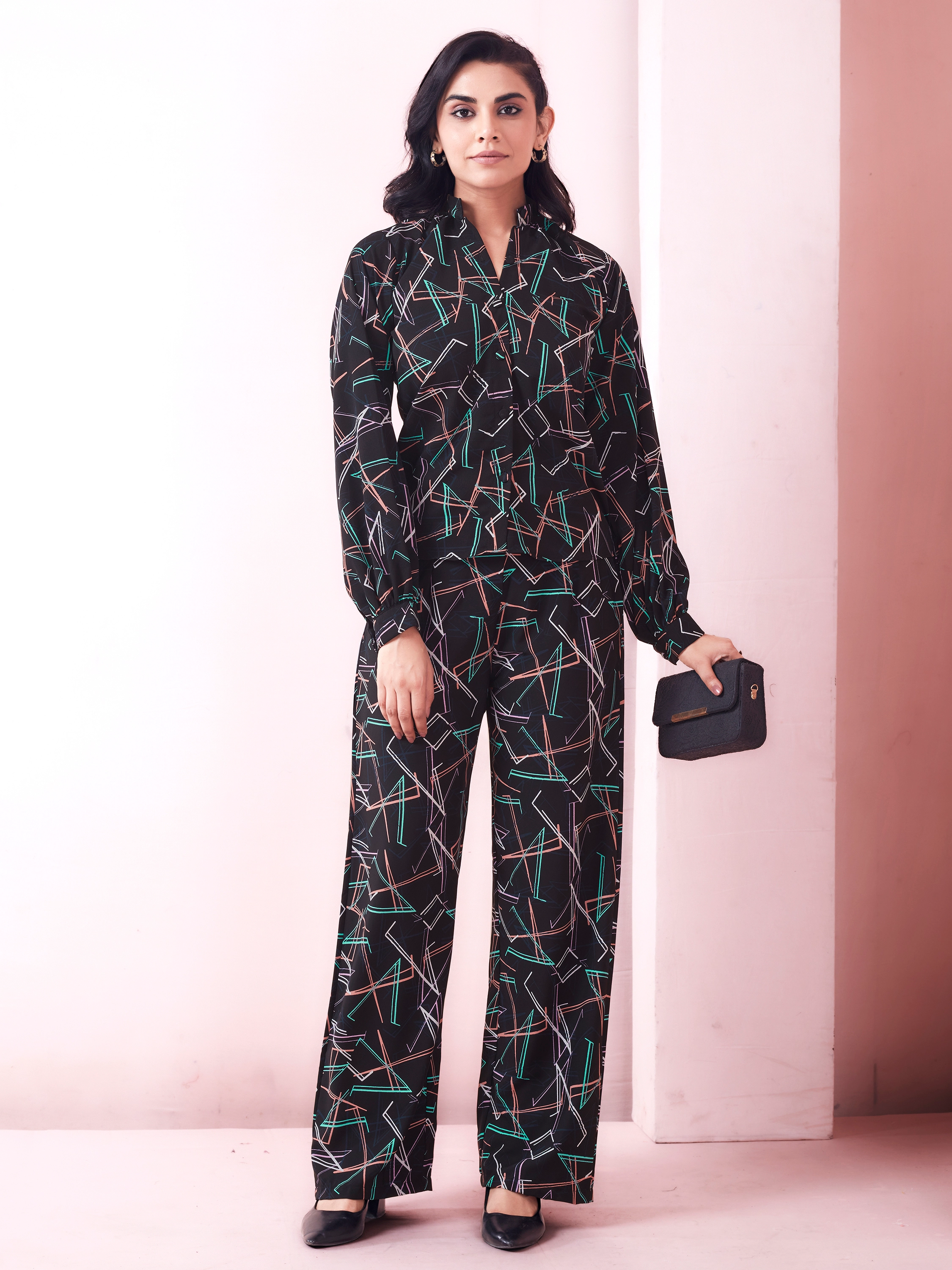 Black Geometric Print Top And Trouser Co-ord Set