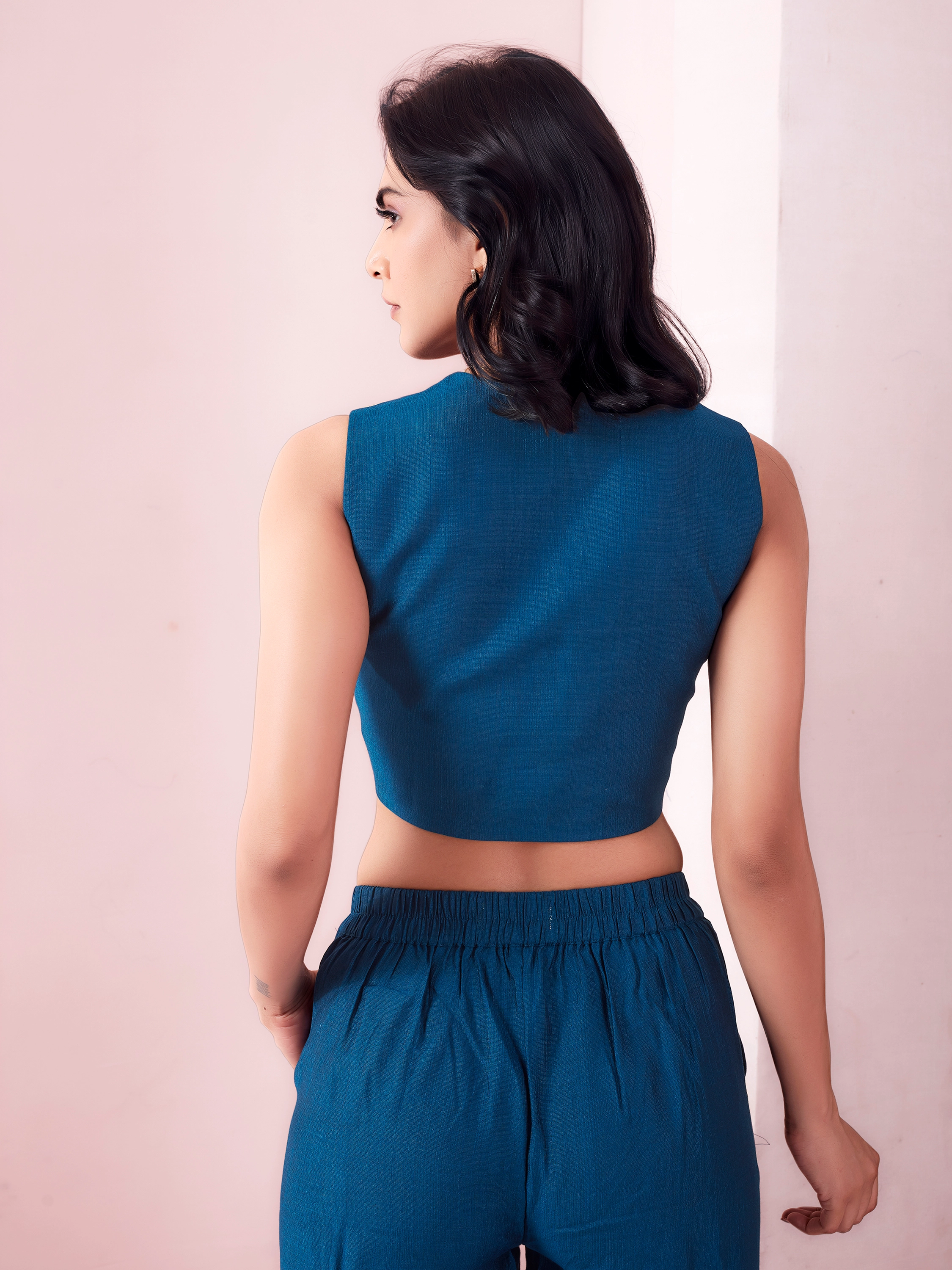 Navy Blue Cropped Waistcoat And Trousers Co-ord Set