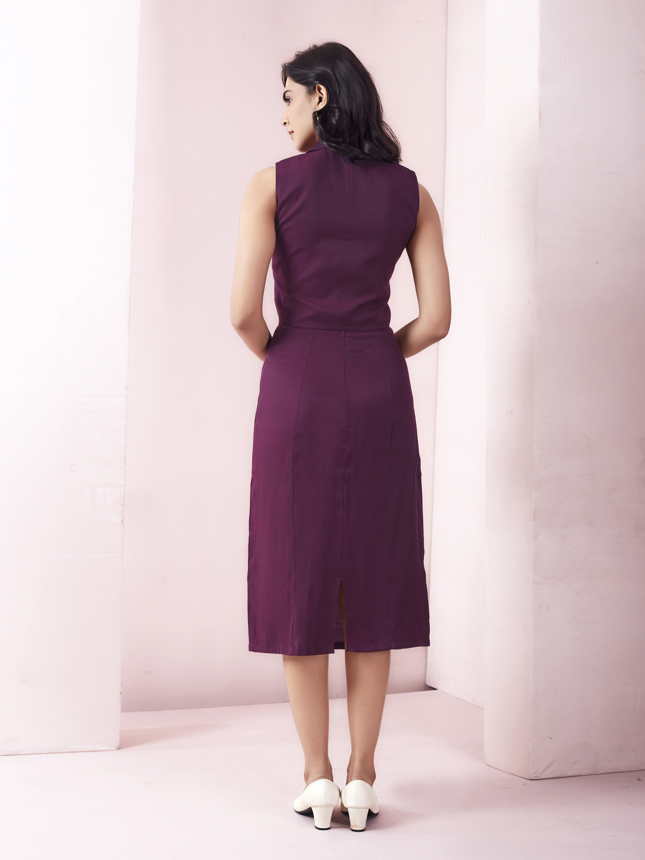 Office Wear Midi Skirt And Lapel Neck Top - Berry Wine