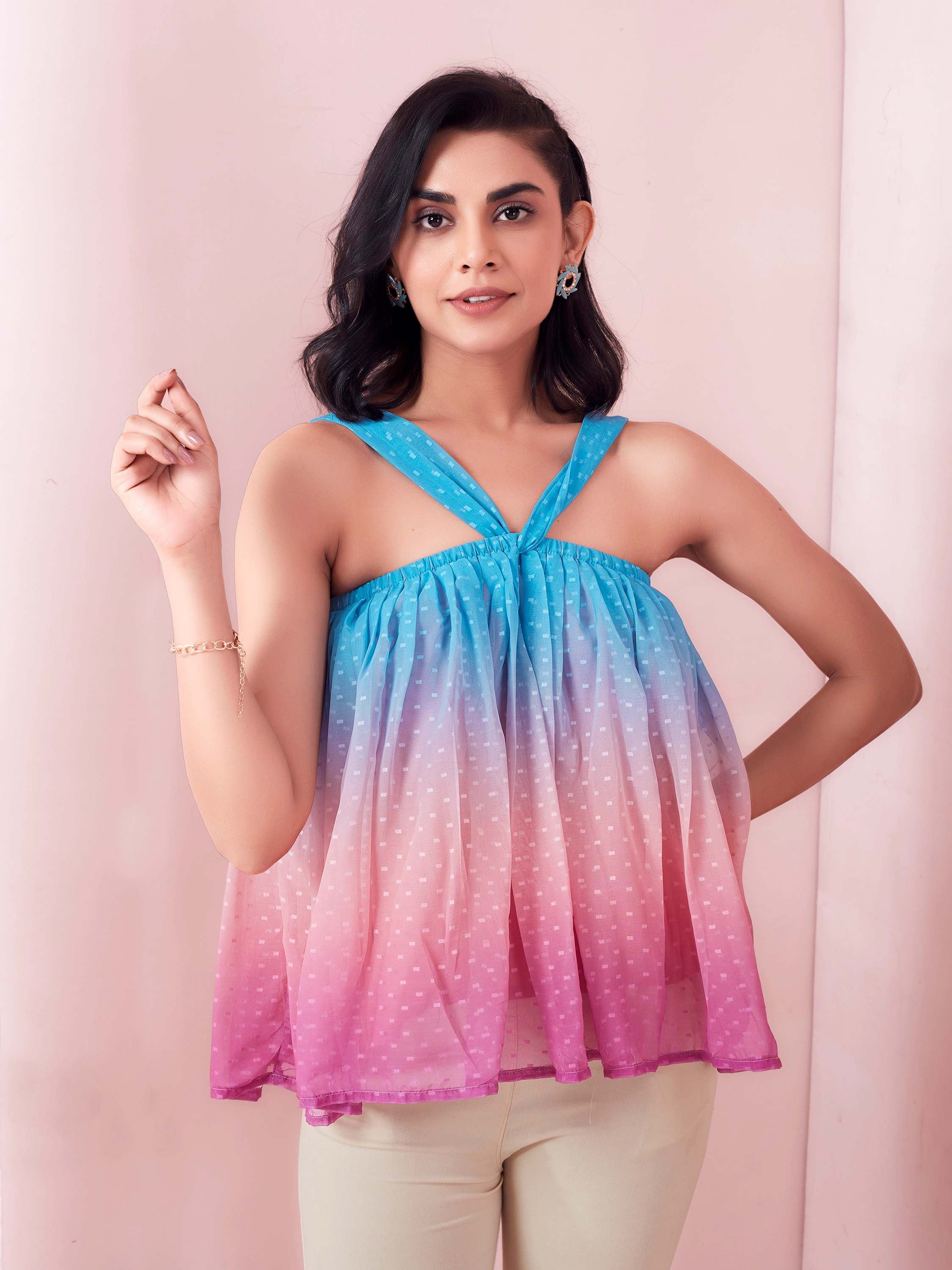 Ombre Printed Casual Wear Halter Neck Top